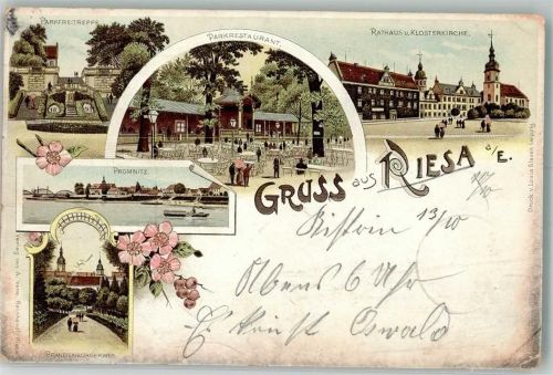 Riesa 1899 LithograpieRathaus Klosterkirche Promnitz Parkgastaus Brandenburgerweg