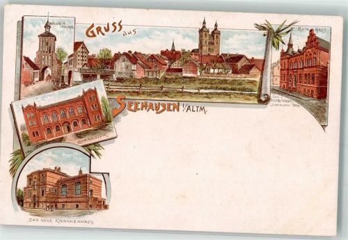 39615 O3550 Seehausen Altmark Lithographie Beuster Turm Neues Krankenhaus Rathaus Gymnasium