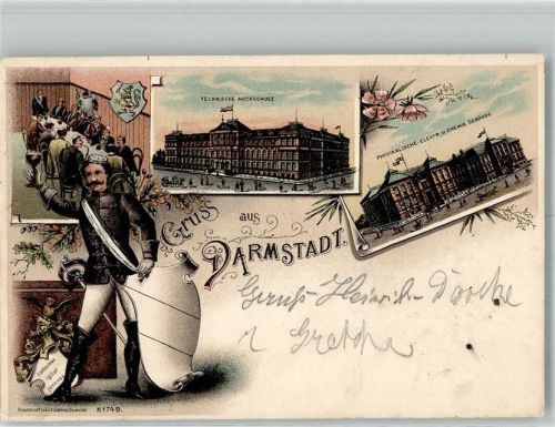 W6100 Darmstadt Gruss aus Techn. Hochschule Studentika 1901 Lithographie / Künstlerkarte
