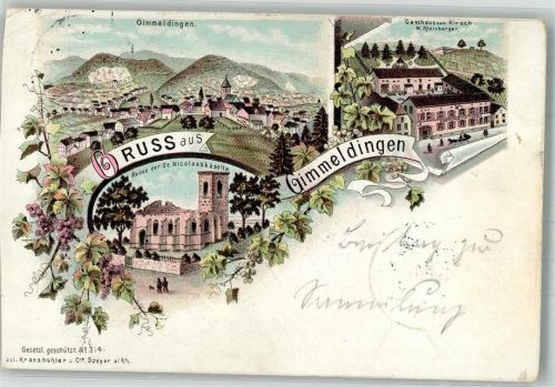67433 W6730 Gimmeldingen 1898 Gebrauchsspuren Lithographie Ruine St. Nicolauskapelle Gasthaus zum Hirsch beschnitten