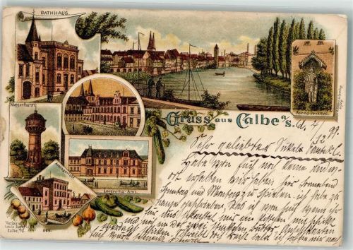 39240 O3310 Calbe 1899 Gebrauchsspuren Lithographie Rathaus Wasserturm Roland-Denkmal Landratsamt