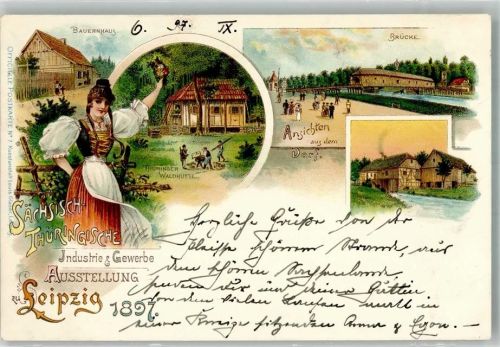 Leipzig 1897 Adelskorrespondenz Sächs.-Thüringische Industrie- und Gewerbeausstellung 1897 Trachrenmädchen Thüringer Waldhütte Sonderstempel
