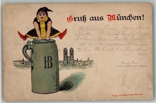 München 1888 Münchner Kindl Bierkrug Hofbräuhaus Frauenkirche Verlag Ottmar Zieher Lithographie
