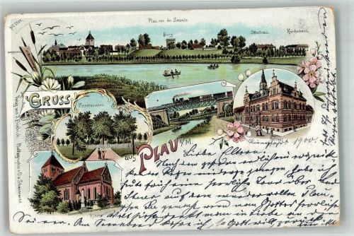 Plau 1900 Friedenseichen Rathaus Eisenbahnbrücke Kirche Bahnpost Wismar-Neustadt Zug 268
