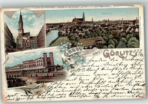Görlitz 1898 Lithographie Untermarkt Bahnhof