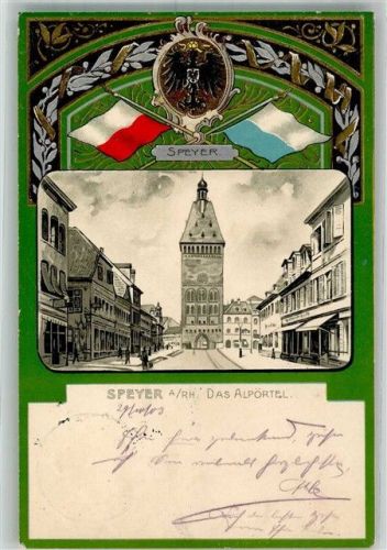 Speyer Lithographie Das Alpörtel Reichsadler-Wappen Fahnen