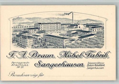 Sangerhausen Lithographie Möbelfabrik F. A. Braun Vertreterbesuchanzeige