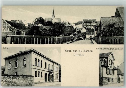61184 W6367 Klein-Karben Foto AK Brücke Schule Kolonialwaren Eckhardt Bahnpost Kassel- Frankfurt