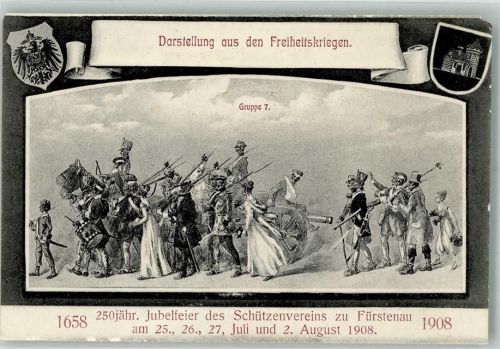 Fürstenau 1909 250 jähr. Jubelfeier des Schützenvereins zu Fürstenau 1908 Darstellung aus den Freiheitskriegen Gruppe 7 Wappen