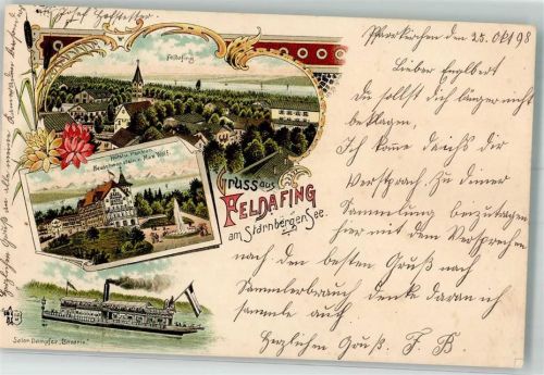Feldafing 1898 Hotel-Pension Neuschwanstein Salon-Dampfer Bavaria Starnberger See Lithographie