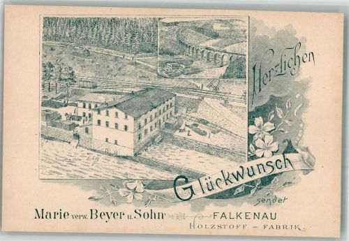 Falkenau Marie verw. Beyer und Sohn Holzstoff Fabrik Glückwunsch Lithographie