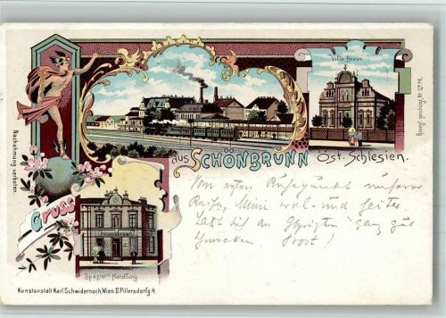 Schönbrunn 1899 Bahnhof Eisenbahn Villa Braun Handlung Lithographie
