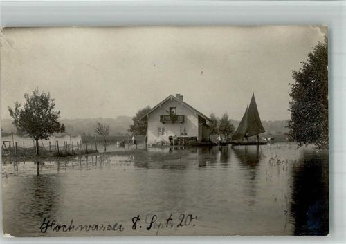 Prien 1920 Hochwasserkatastrophe 8. Sept. 1920 Überschwemmte Wiesen Segel-Boot Foto AK
