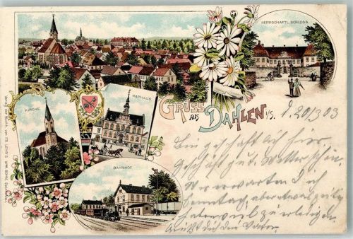Dahlen 1903 Lithographie Rathaus Bahnhof Herrschaftliches Schloss Wappen