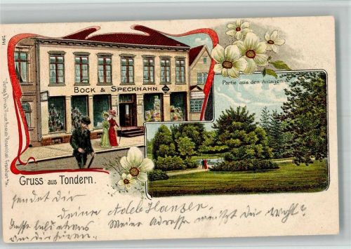 Tondern 1904 Geschäft Parkanlagen Lithographie