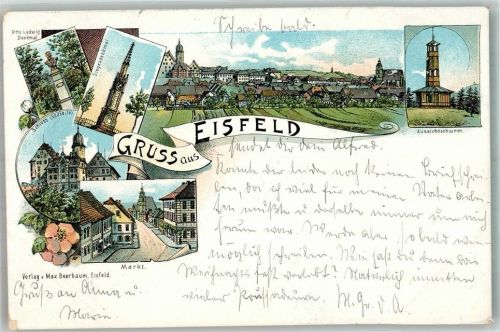 98673 O6120 Eisfeld 1904 Lithographie Aussichtsturm Markt Schloss Otto Ludwig-Denkmal Siegesdenkmal