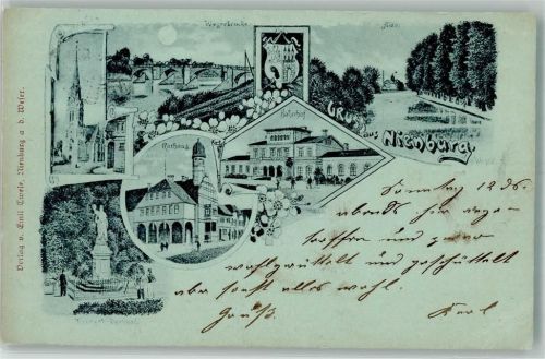 Nienburg 899 Lithographie Wegerbrücke Bahnhof Rathaus Denkmal Wappen