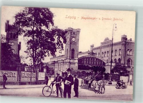 Leipzig Leipzig- Magdeburger- und Dresdner Bahnhof Kutsche Fahrradfahrer Ort lt. Stempel