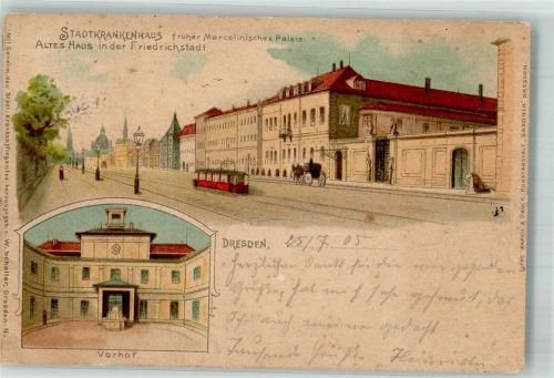 Dresden 1905 Stadtkrankenhaus Altes Haus i. d. Friedrichstadt Vorhof Strassenbahn