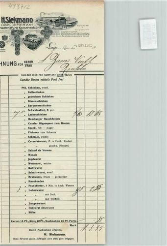 Lage Rechnung von 1912 H. Siekmann Fleischwaren