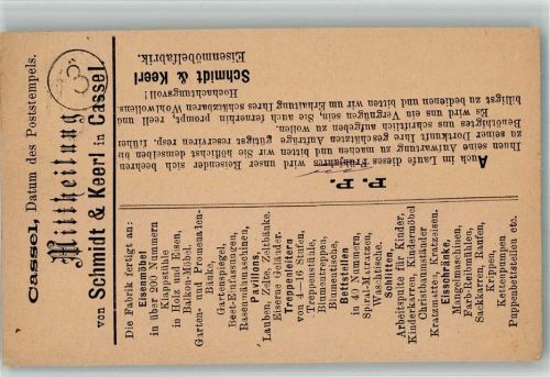 Kasel 1884 Vorläufer Druck 1880 - 1889 Firma Schmidt & Keerl Eisenmöbelfabrik Vertreterbesuchanzeige