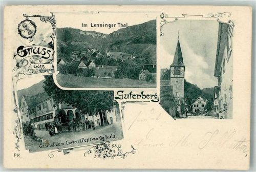 Gutenberg 1899 Lenninger Tal Gasthaus zum Löwen Postkutsche Dorfkirche