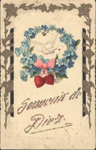 AK von 1925 mit aufgeklebter Oblate Brieftaube im Blumenkranz mit zwei Herzen, gestanzt, Prägedruck, Glitzerschrift