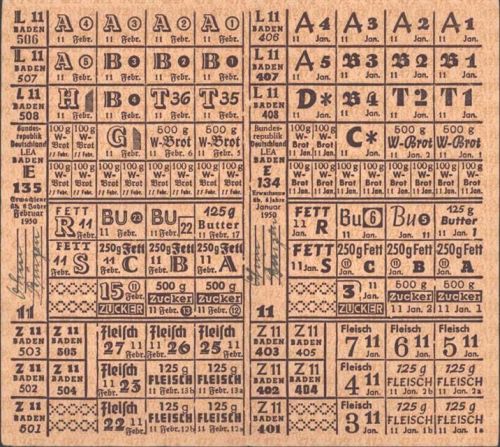 Lebensmittelkarte 1950 Baden; KEINE AK, ca. 18,5x16,7 cm aufgeklappt