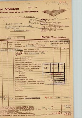 Döbeln Rechnung von 1943 Arno Schönfeld Schokolade Zuckerwaren Marzipan