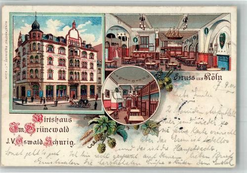 Köln Altstadt-Nord 103 1904 Lithographie Gasthaus im Grünewald Speisezimmer