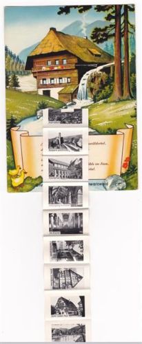 Alpirsbach ausziehbarer Papierstreifen Schwarzwaldhaus Mühle Kurpark Kirche Klosterhof Kreuzgang Klosterbrunnen Altes Schlößchen Hotel Löwen-Post Schwimmbad
