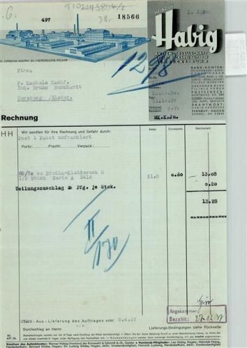 Herdecke Rechnung von 1937 Habig AG Stoffdruckerei