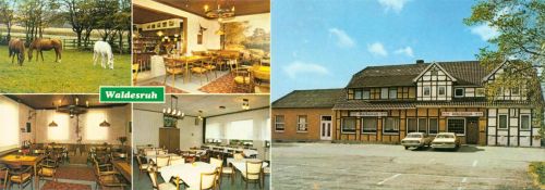 Ledde Gasthaus Waldesruh Innen-und Aussenansicht Klappkarte Pferde
