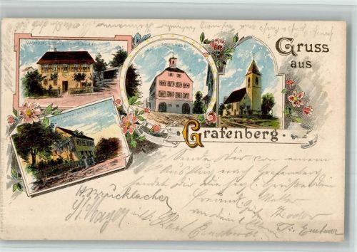 Grafenberg 1901 Lithographie Gasthaus Zur Burg E. Bauer Rathaus Schule Kirche Kaufmann Geschäft Hatzler