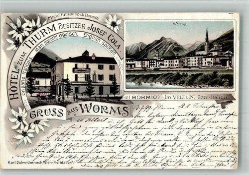Bormio 1899 Hotel zum Thurm Gruß aus Worms Lithographie