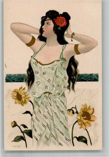 1899 Frauenschönheit Blüte im Haar Lithographie