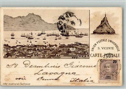 Mindelo 1901 Hafen Briefmarke bildseitig Lithographie