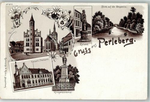 Perleberg Verläufer Druck um 1890 Kriegerdenkmal Kais. Postamt Roland Die Stepenitz