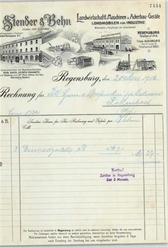 Regensburg Rechnung von 1912 Stender und Behn Landwirtschaftliche Maschinen