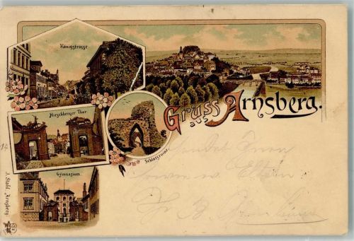 59755 W5760 Arnsberg , Westf 1899 Lithographie Königstraße Hirschberger Tor Gymnasium Schlossruine