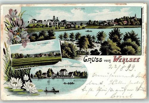 15537 O1252 Werlsee 1899 Lithographie Gasthaus zum Dampfschiff Werlsee Gottesbrück Grünheide Bahnpost Berlin Zg. 1086
