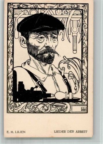 Vater Jacob mit seinem Werkzeug Lieder der Arbeit sign. Ephraim Moses Lilien - Aus Rosenfeld: Lieder des Ghetto Jugendstil