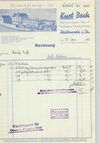 Zeulenroda Rechnung von 1942 Kurt Bock Kartonagen Papier