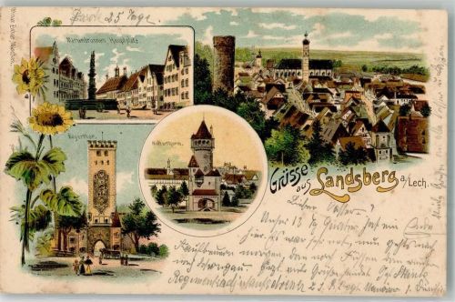 Landsberg 1903 Sonnenblumen Bayertor Mutterturm Marienbrunnen Hauptplatz