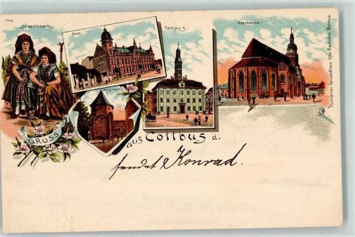 Cottbus Speewald-Tracht Münzturm Rathaus Post Oberkirche Lithographie Feldpost Ersatz-Batl. Inf.-Rgt. von Alvensleben