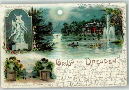 Dresden 1900 Lithographie Mondschein Raub der Schönheit im Gr. Garten Haupteingang z. Großen Garten Carola See Schwan