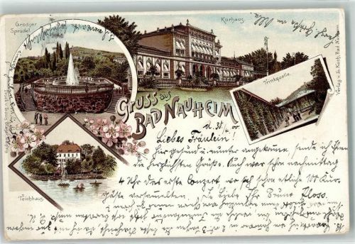 Bad Nauheim 1900 Grosser Sprudel Kurhaus Trinkquelle Teichhaus Blumen Gruss Ruderboot