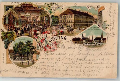 Altötting 1908 Lithographie Hotel Post Kapellenplatz