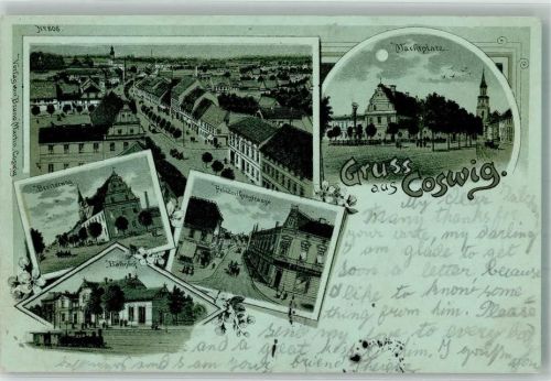 06869 O4522 Coswig , Anh 1908 Lithographie Breiterweg Marktplatz Bahnhof
