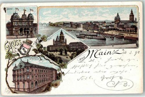 Mainz 1898 Bahnhof Kurfürstliches Schloß Dom Gutenberg-Denkmal Wappen